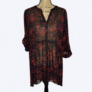 Cato Hi Low Tunic Blouse Sz 18/20W Black Red Floral Sheer Roll Tab Dark Romantic